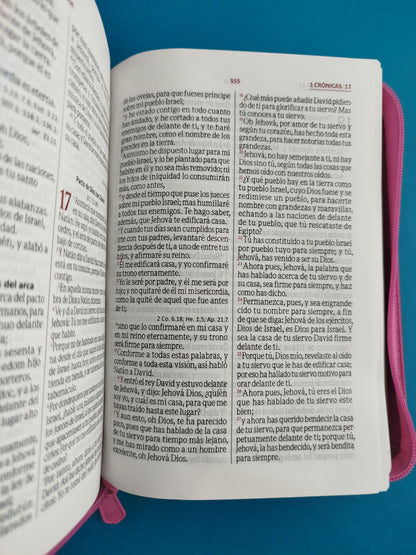 Biblia troquelada magenta flores canto plateado