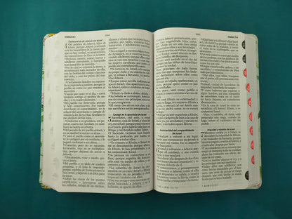 Biblia rvr letra grande verde menta flores borde blanco sin forro con índice