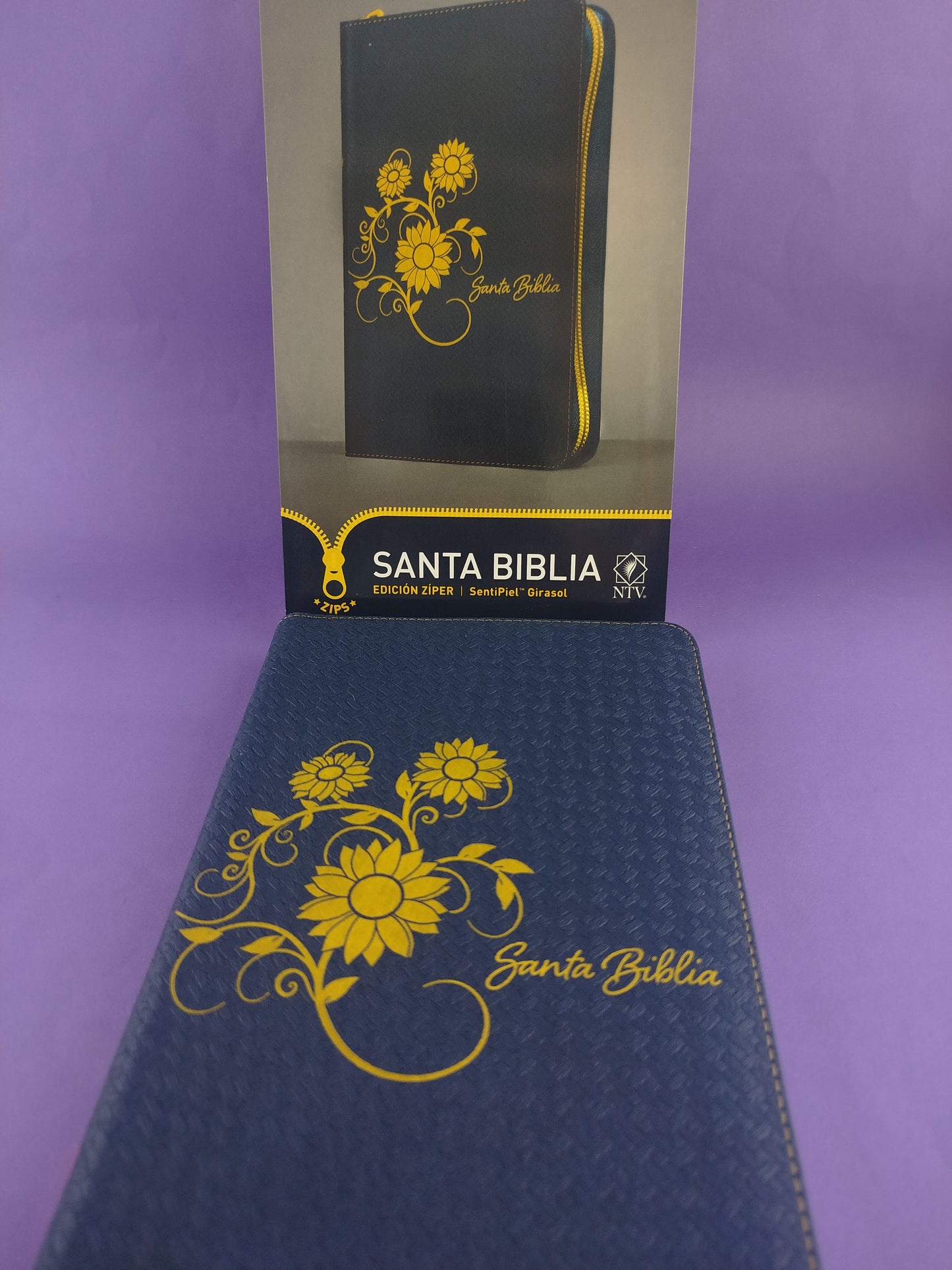 Biblia edición zíper sentipiel azul oscuro girasol