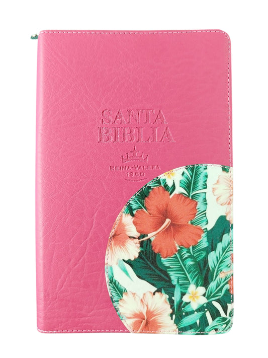 Biblia RVR 1960 Letra Grande con Estuche Fucsia flores